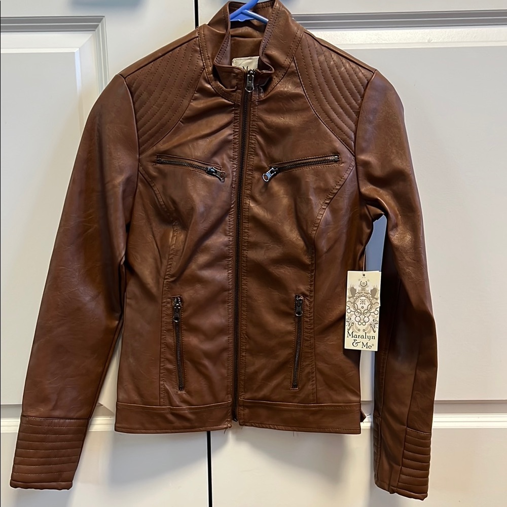 Maralyn & Me Brown Leather Biker Jacket with Textured Finish